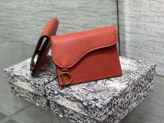 Dior S5611 Saddle Flap Card Holder Orange Red Grained Calfskin