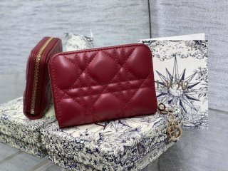 Dior S0011 Lady Dior Zipper Card Holder Medium Wine Red Cannage Lambskin