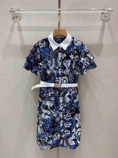 Dior 241R46 Mid Length Belted Dress Blue white