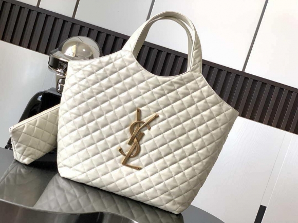 Saint Laurent YSL 698651 Icare Maxi Shopping Bag In Quilted Lambskin White