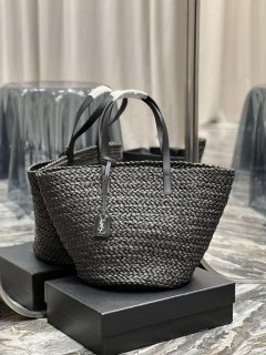 Saint Laurent YSL 693242 Tote Panier Maxi Bag In Raffia Black