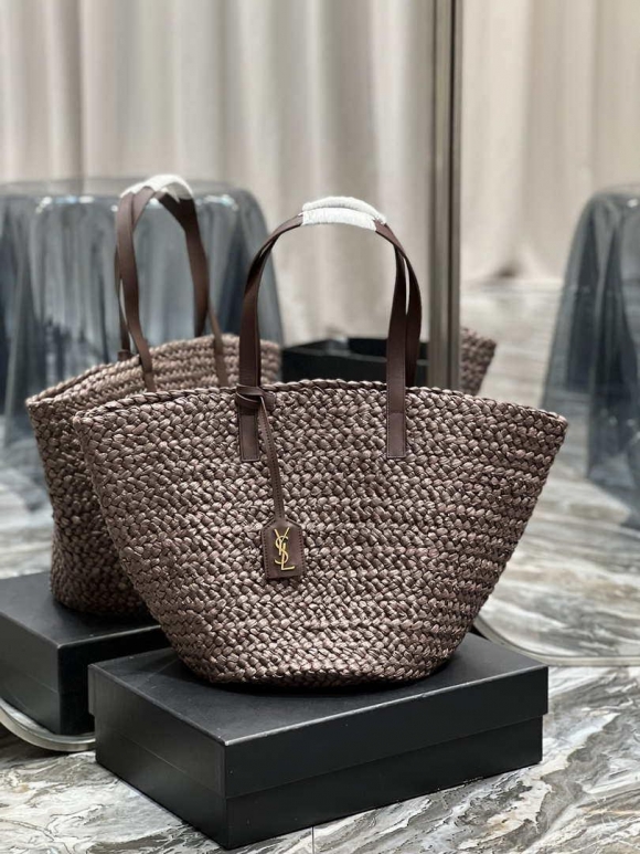 Saint Laurent YSL 693242 Tote Panier Maxi Bag In Raffia Dark Brown