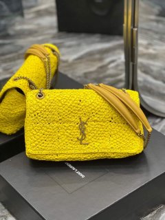 YSL 515821 Jamie Leather-Trimmed Raffia Shoulder Bag Yellow