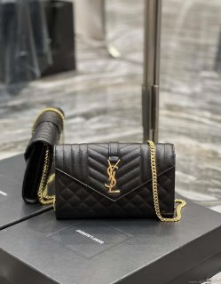 YSL 620280 Envelope Chain Wallet In Mix Matelassé Grain De Poudre Embossed Leather Black