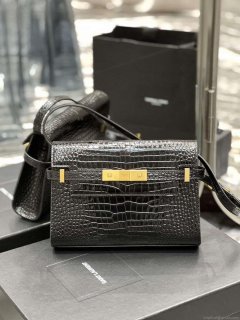 YSL 675626 Manhattan Small Shoulder Bag In Shiny Crocodile-Embossed Leather Black