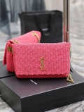 YSL 580065 Kate Medium Supple Chain Bag In Raffia Neon Pink