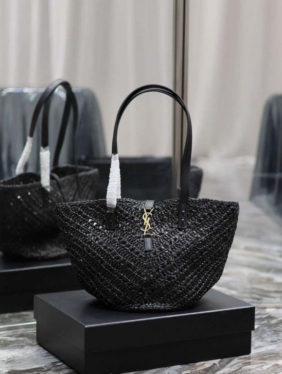 YSL 751240 Panier Small In Raffia And Vegetable-Tanned Leather Black