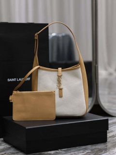 YSL 713938 LE 5 A 7 Supple Small In Camel Grained Leather with Beige canvas