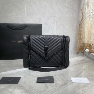 YSL 600166 Envelope Large In Quilted Grain De Poudre Embossed Leather Black With black logo