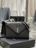 YSL 600166 Envelope Large In Quilted Grain De Poudre Embossed Leather Black Silver