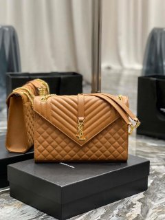 YSL 600166 Envelope Large In Quilted Grain De Poudre Embossed Leather Black Caramel