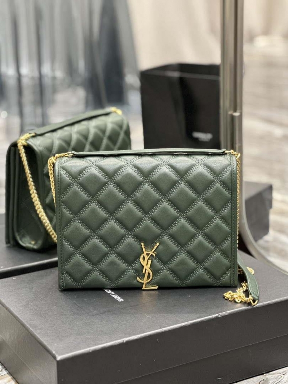 YSL 629246 Saint Laurent Becky Chain Shoulder Bag 25cm Leather Green