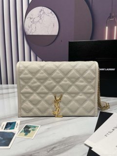 YSL 629246 Saint Laurent Becky Chain Shoulder Bag 25cm Leather Beige Silver