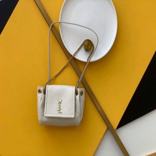 YSL 672738 Monogram Mini Nolita In Lamé Leather White