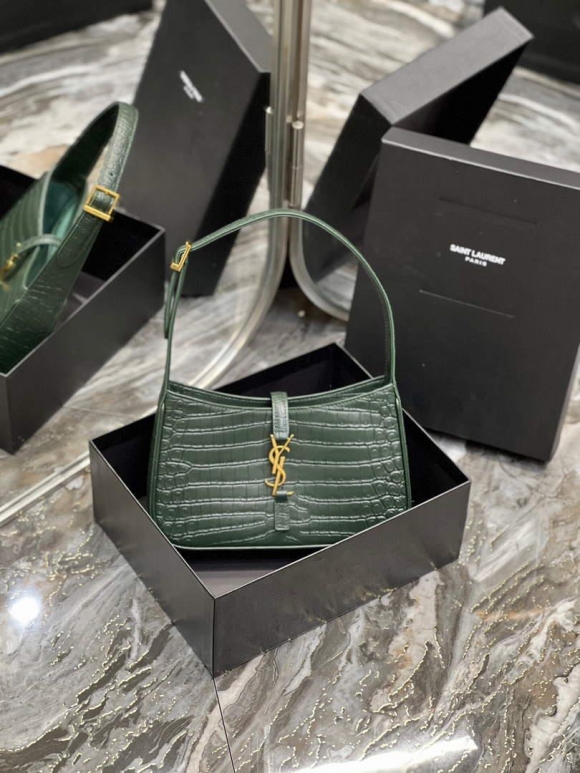 YSL LE5À7 657228 Hobo Bag In Crocodile Embossed Shiny Leather Dark Green