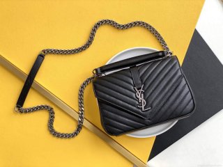 YSL 600279 College Medium In Matelassé Leather Black with Silver